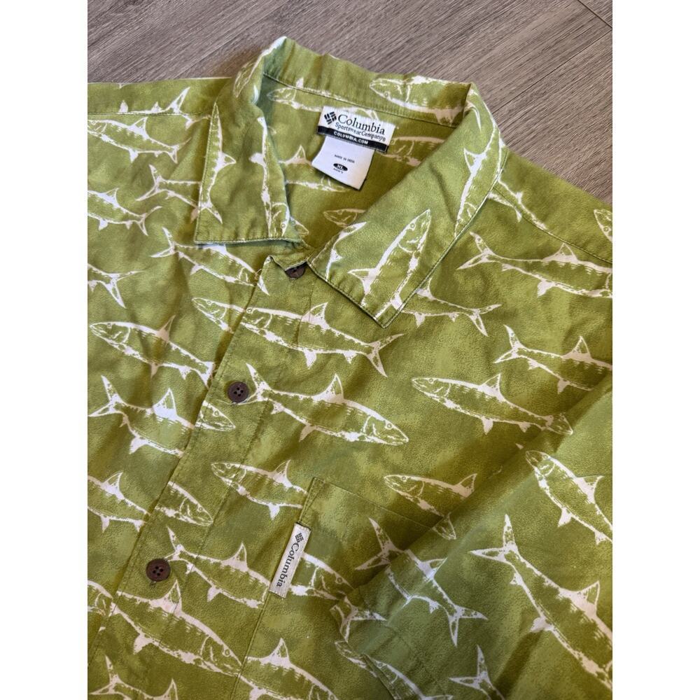 Columbia Sportswear Fish Print Shirt Men’s XL Green Barracuda Retro Beach Casual